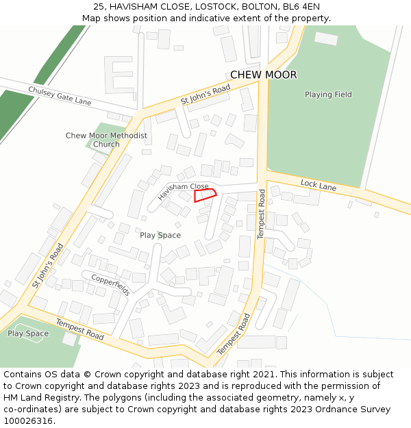 25, HAVISHAM CLOSE, LOSTOCK, BOLTON, BL6 4EN: Location map and indicative extent of plot