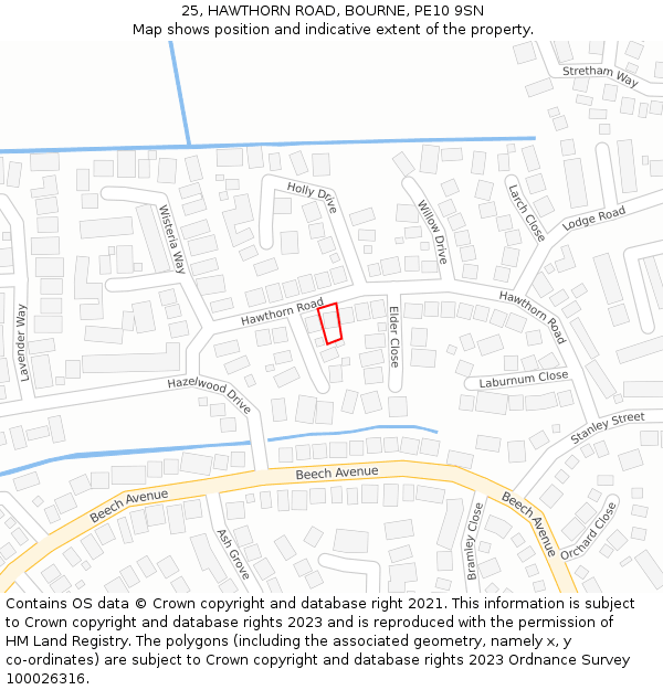 25, HAWTHORN ROAD, BOURNE, PE10 9SN: Location map and indicative extent of plot