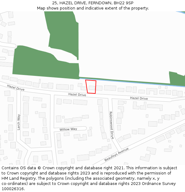 25, HAZEL DRIVE, FERNDOWN, BH22 9SP: Location map and indicative extent of plot