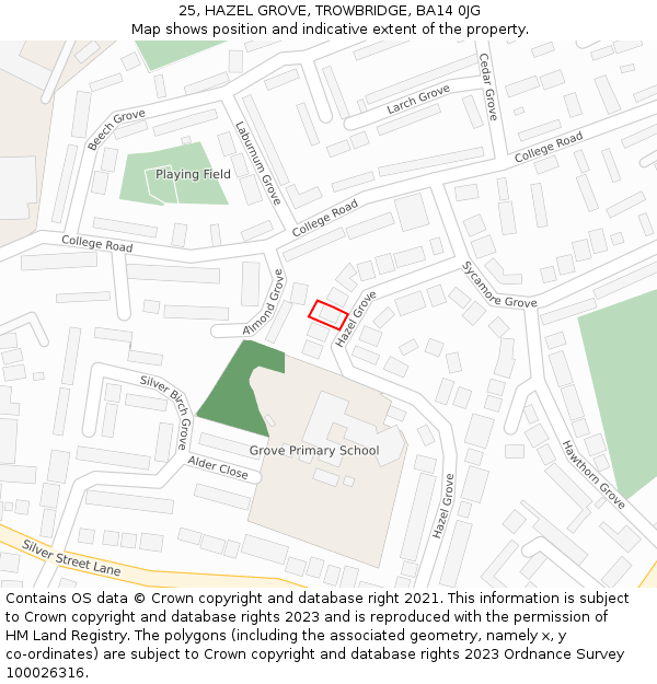 25, HAZEL GROVE, TROWBRIDGE, BA14 0JG: Location map and indicative extent of plot