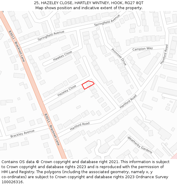 25, HAZELEY CLOSE, HARTLEY WINTNEY, HOOK, RG27 8QT: Location map and indicative extent of plot