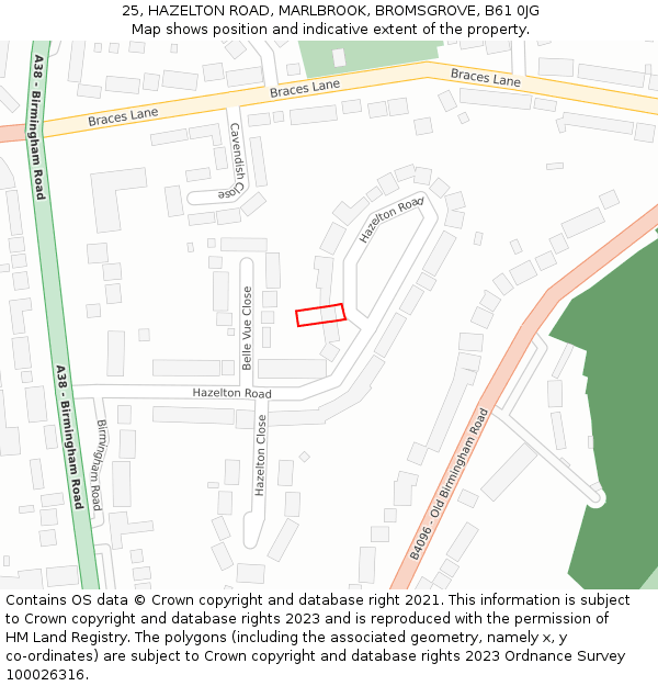 25, HAZELTON ROAD, MARLBROOK, BROMSGROVE, B61 0JG: Location map and indicative extent of plot