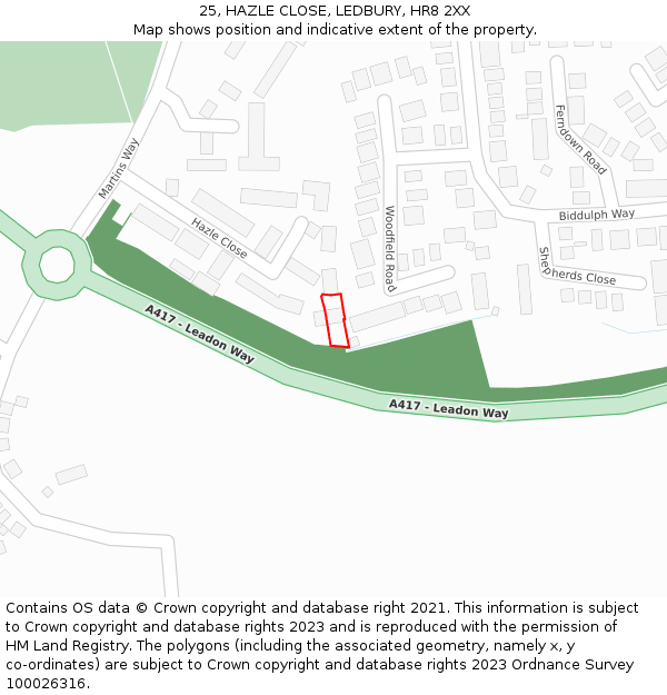 25, HAZLE CLOSE, LEDBURY, HR8 2XX: Location map and indicative extent of plot