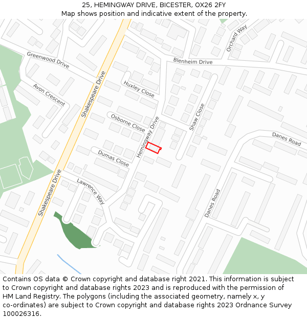 25, HEMINGWAY DRIVE, BICESTER, OX26 2FY: Location map and indicative extent of plot