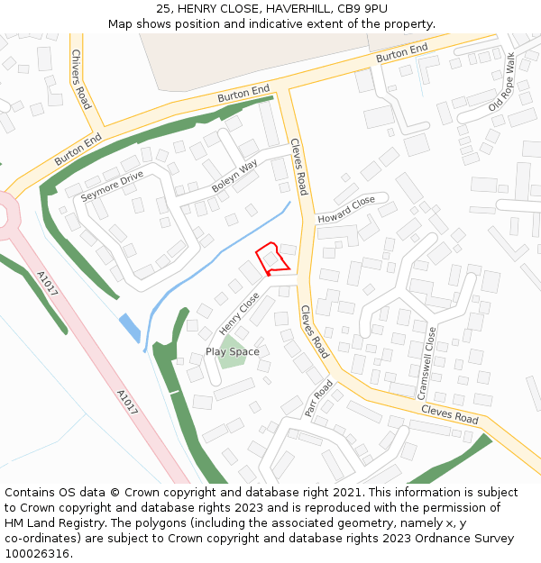 25, HENRY CLOSE, HAVERHILL, CB9 9PU: Location map and indicative extent of plot