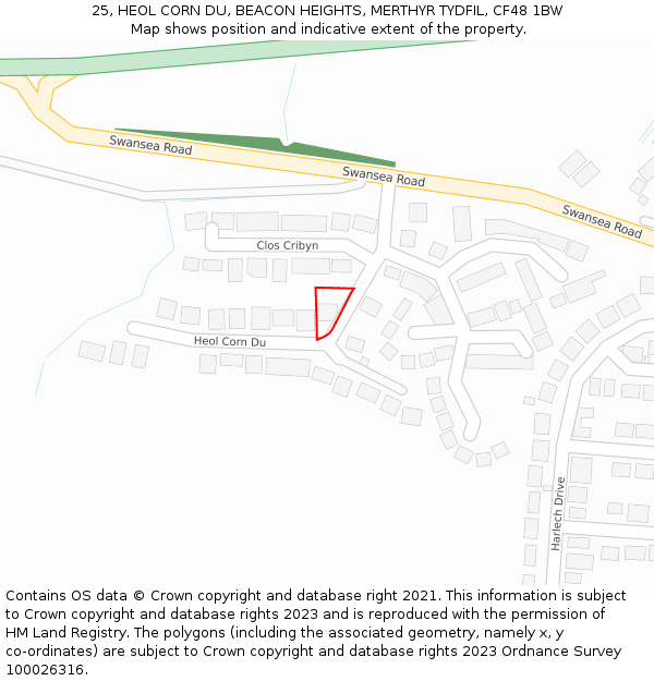 25, HEOL CORN DU, BEACON HEIGHTS, MERTHYR TYDFIL, CF48 1BW: Location map and indicative extent of plot