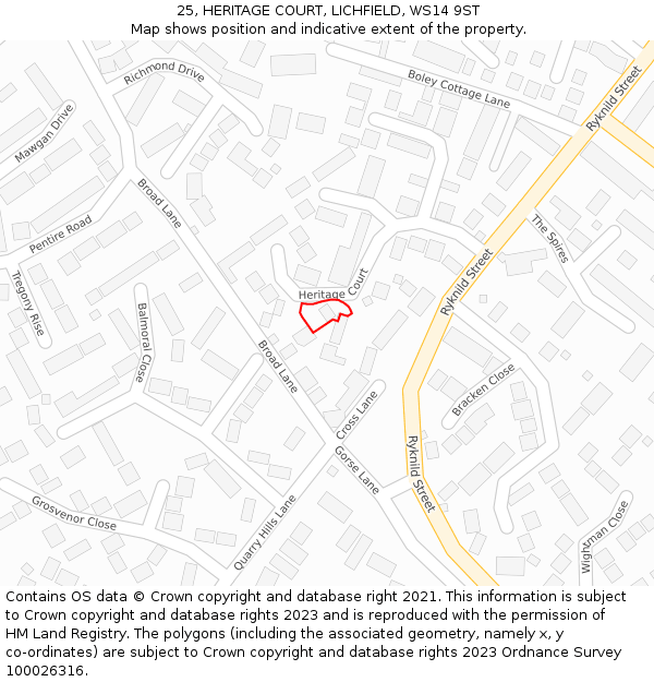 25, HERITAGE COURT, LICHFIELD, WS14 9ST: Location map and indicative extent of plot