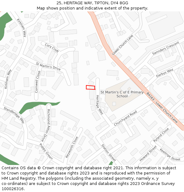 25, HERITAGE WAY, TIPTON, DY4 8GG: Location map and indicative extent of plot