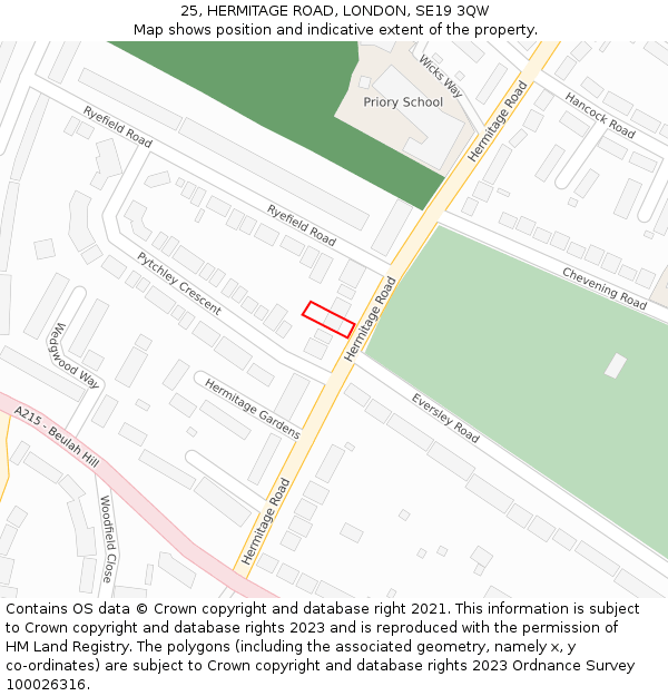 25, HERMITAGE ROAD, LONDON, SE19 3QW: Location map and indicative extent of plot