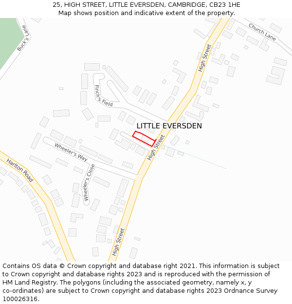 25, HIGH STREET, LITTLE EVERSDEN, CAMBRIDGE, CB23 1HE: Location map and indicative extent of plot