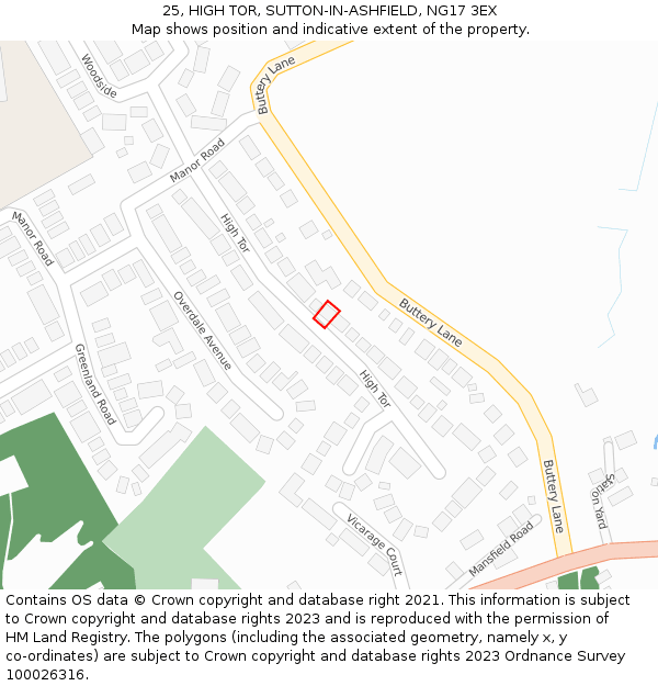 25, HIGH TOR, SUTTON-IN-ASHFIELD, NG17 3EX: Location map and indicative extent of plot