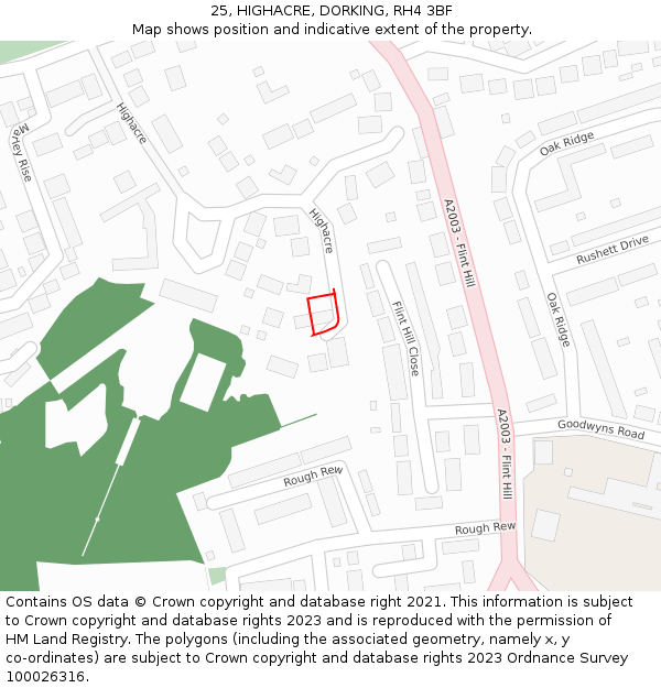 25, HIGHACRE, DORKING, RH4 3BF: Location map and indicative extent of plot