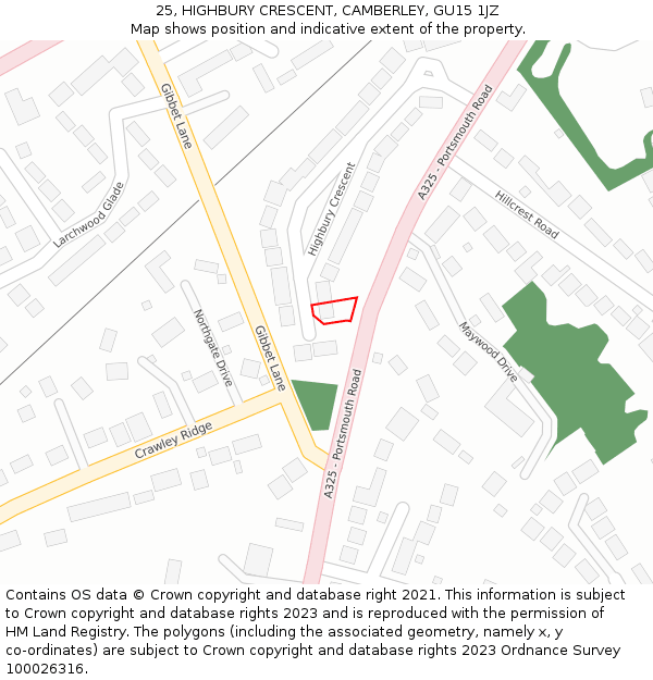 25, HIGHBURY CRESCENT, CAMBERLEY, GU15 1JZ: Location map and indicative extent of plot