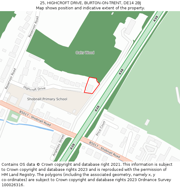 25, HIGHCROFT DRIVE, BURTON-ON-TRENT, DE14 2BJ: Location map and indicative extent of plot