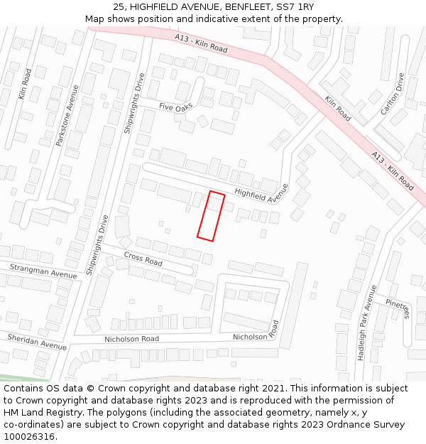 25, HIGHFIELD AVENUE, BENFLEET, SS7 1RY: Location map and indicative extent of plot
