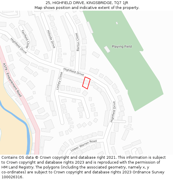 25, HIGHFIELD DRIVE, KINGSBRIDGE, TQ7 1JR: Location map and indicative extent of plot