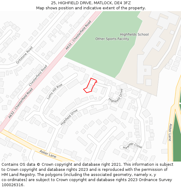 25, HIGHFIELD DRIVE, MATLOCK, DE4 3FZ: Location map and indicative extent of plot