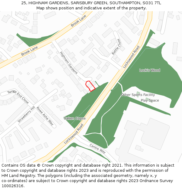 25, HIGHNAM GARDENS, SARISBURY GREEN, SOUTHAMPTON, SO31 7TL: Location map and indicative extent of plot