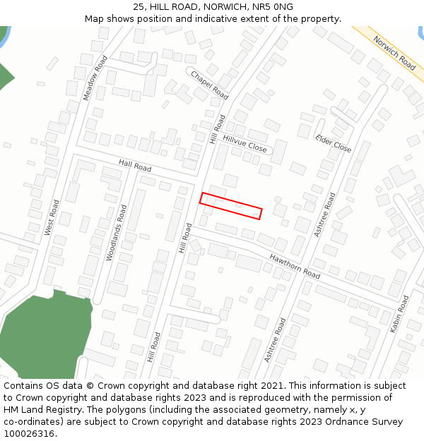 25, HILL ROAD, NORWICH, NR5 0NG: Location map and indicative extent of plot