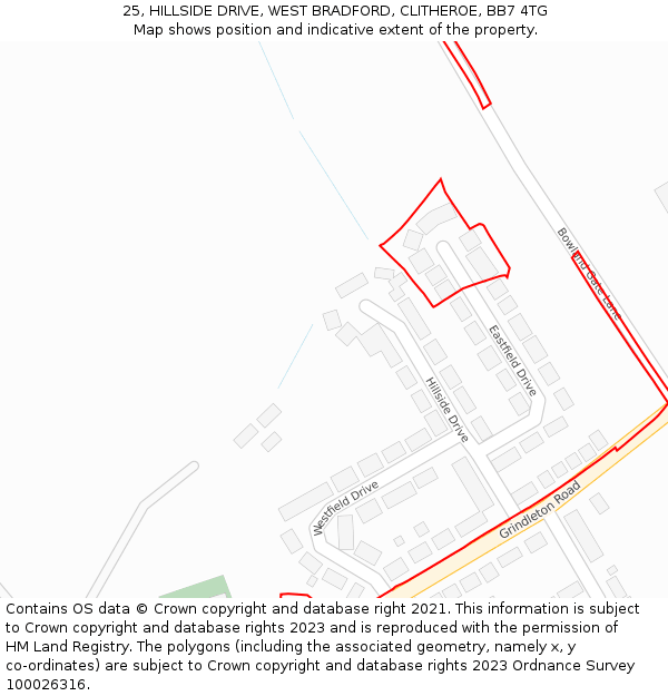 25, HILLSIDE DRIVE, WEST BRADFORD, CLITHEROE, BB7 4TG: Location map and indicative extent of plot