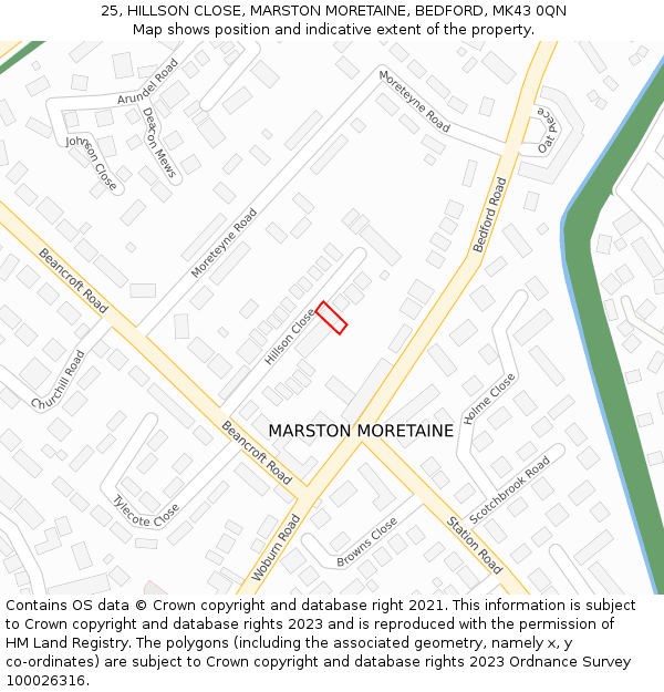 25, HILLSON CLOSE, MARSTON MORETAINE, BEDFORD, MK43 0QN: Location map and indicative extent of plot