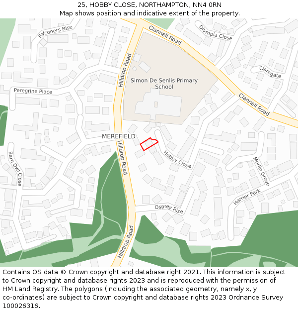 25, HOBBY CLOSE, NORTHAMPTON, NN4 0RN: Location map and indicative extent of plot