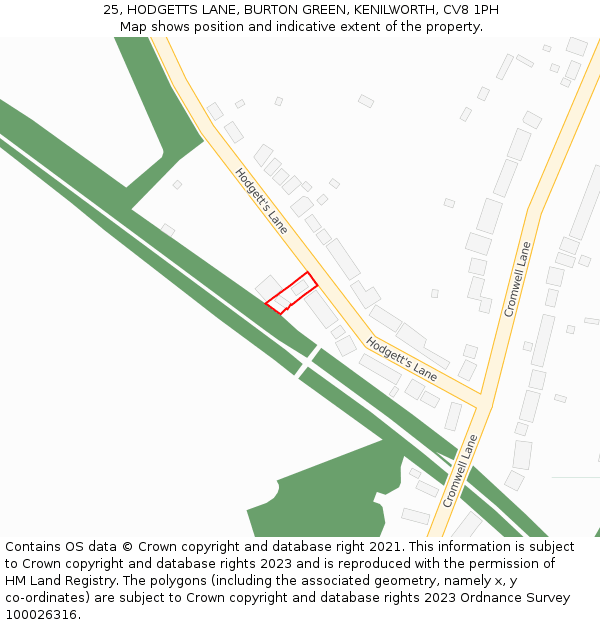 25, HODGETTS LANE, BURTON GREEN, KENILWORTH, CV8 1PH: Location map and indicative extent of plot