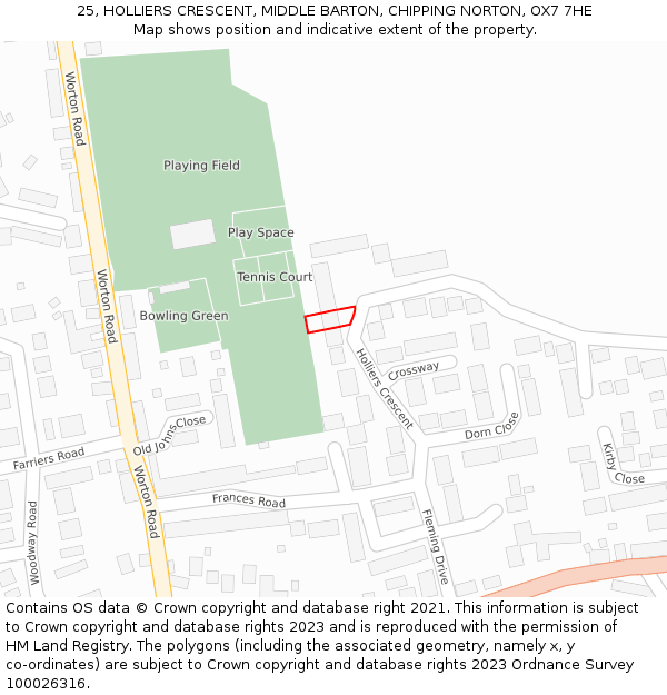 25, HOLLIERS CRESCENT, MIDDLE BARTON, CHIPPING NORTON, OX7 7HE: Location map and indicative extent of plot