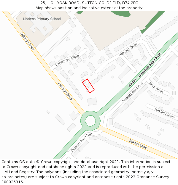 25, HOLLYOAK ROAD, SUTTON COLDFIELD, B74 2FG: Location map and indicative extent of plot