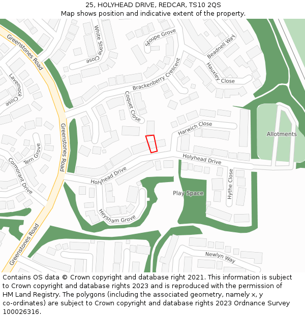 25, HOLYHEAD DRIVE, REDCAR, TS10 2QS: Location map and indicative extent of plot