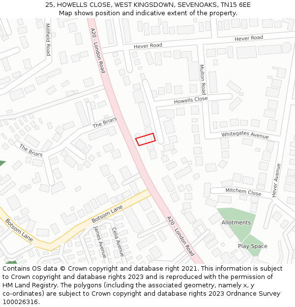 25, HOWELLS CLOSE, WEST KINGSDOWN, SEVENOAKS, TN15 6EE: Location map and indicative extent of plot