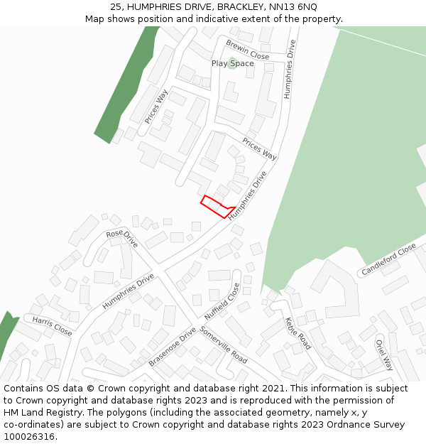 25, HUMPHRIES DRIVE, BRACKLEY, NN13 6NQ: Location map and indicative extent of plot