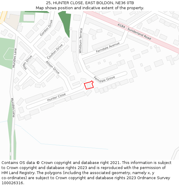 25, HUNTER CLOSE, EAST BOLDON, NE36 0TB: Location map and indicative extent of plot