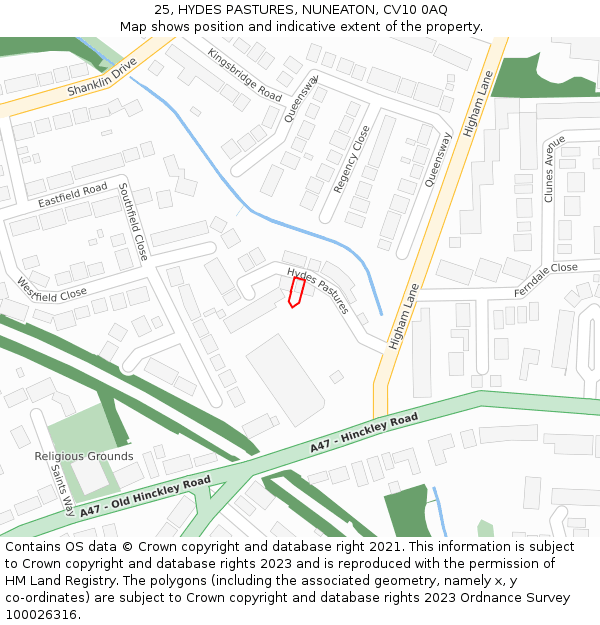 25, HYDES PASTURES, NUNEATON, CV10 0AQ: Location map and indicative extent of plot