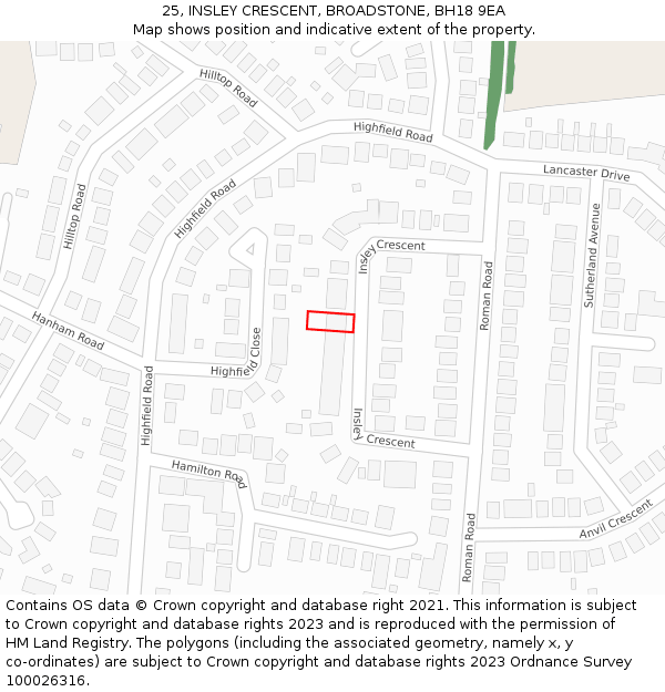 25, INSLEY CRESCENT, BROADSTONE, BH18 9EA: Location map and indicative extent of plot