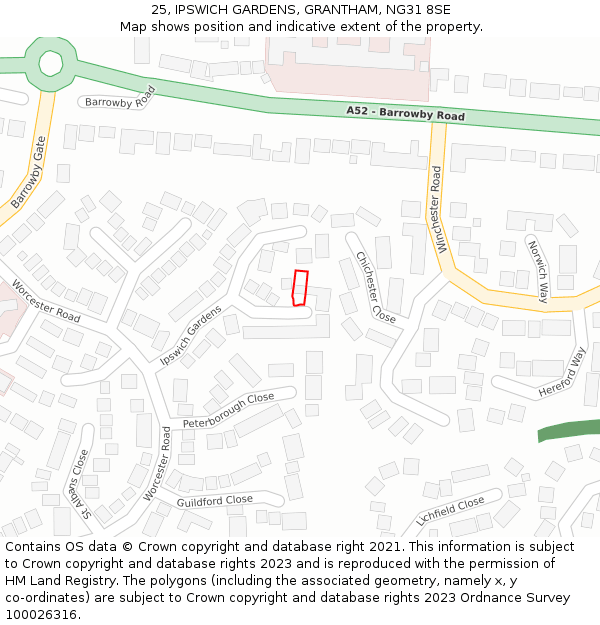 25, IPSWICH GARDENS, GRANTHAM, NG31 8SE: Location map and indicative extent of plot