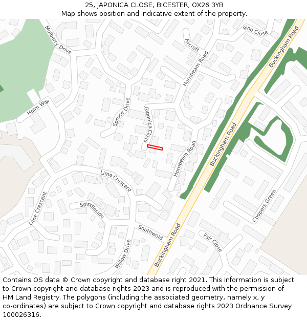 25, JAPONICA CLOSE, BICESTER, OX26 3YB: Location map and indicative extent of plot