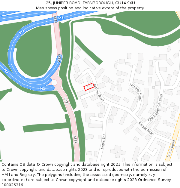 25, JUNIPER ROAD, FARNBOROUGH, GU14 9XU: Location map and indicative extent of plot