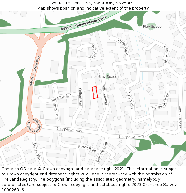 25, KELLY GARDENS, SWINDON, SN25 4YH: Location map and indicative extent of plot