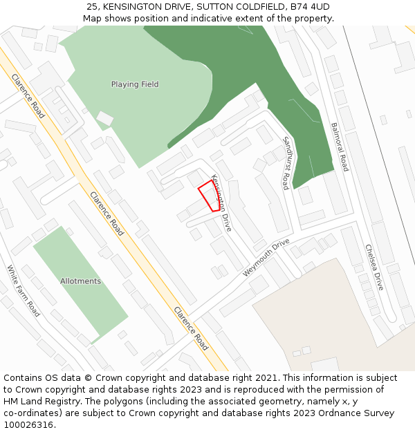 25, KENSINGTON DRIVE, SUTTON COLDFIELD, B74 4UD: Location map and indicative extent of plot