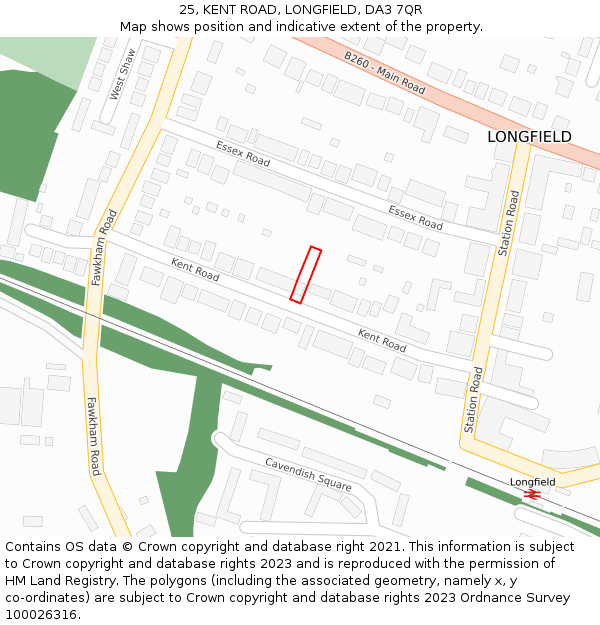 25, KENT ROAD, LONGFIELD, DA3 7QR: Location map and indicative extent of plot
