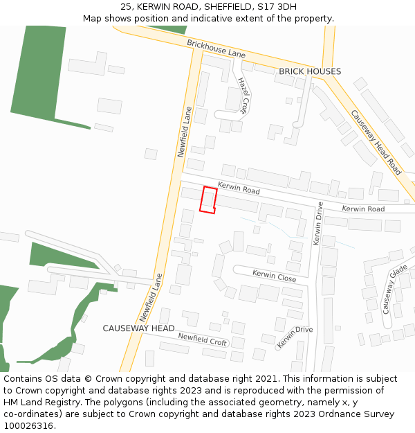 25, KERWIN ROAD, SHEFFIELD, S17 3DH: Location map and indicative extent of plot