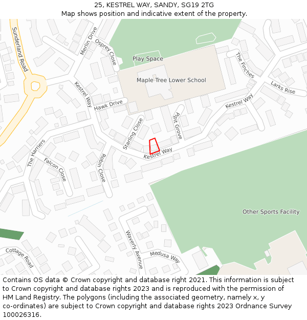 25, KESTREL WAY, SANDY, SG19 2TG: Location map and indicative extent of plot