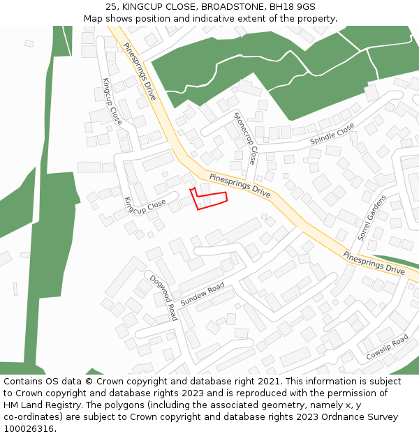25, KINGCUP CLOSE, BROADSTONE, BH18 9GS: Location map and indicative extent of plot