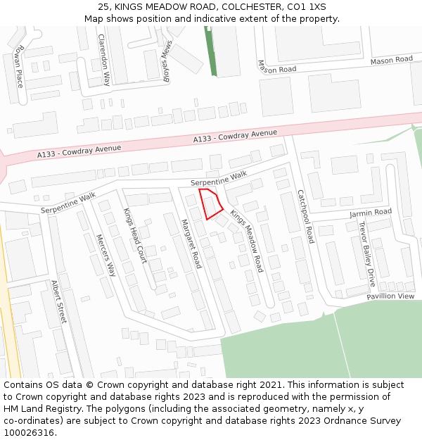 25, KINGS MEADOW ROAD, COLCHESTER, CO1 1XS: Location map and indicative extent of plot