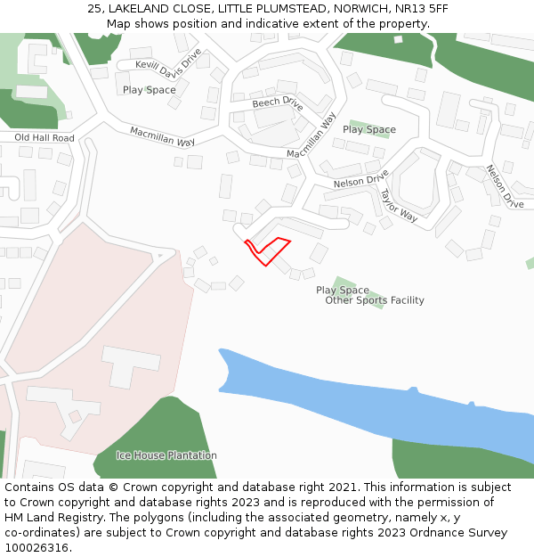 25, LAKELAND CLOSE, LITTLE PLUMSTEAD, NORWICH, NR13 5FF: Location map and indicative extent of plot