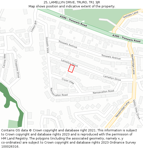 25, LAMELLYN DRIVE, TRURO, TR1 3JR: Location map and indicative extent of plot