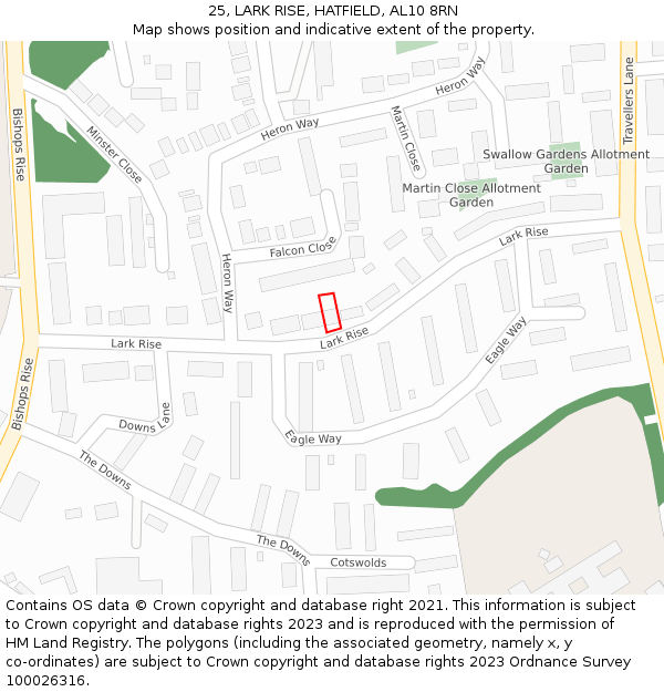 25, LARK RISE, HATFIELD, AL10 8RN: Location map and indicative extent of plot