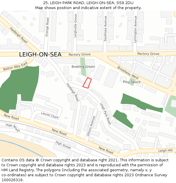 25, LEIGH PARK ROAD, LEIGH-ON-SEA, SS9 2DU: Location map and indicative extent of plot