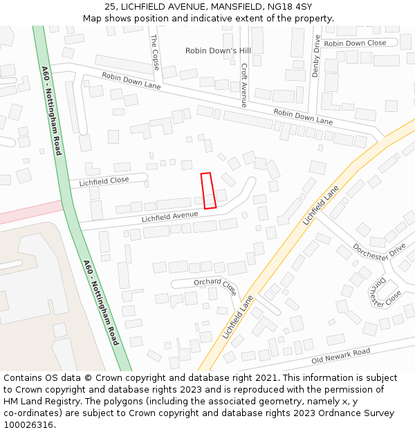 25, LICHFIELD AVENUE, MANSFIELD, NG18 4SY: Location map and indicative extent of plot